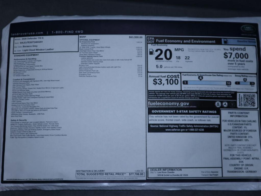 new 2026 Land Rover Defender car, priced at $77,706