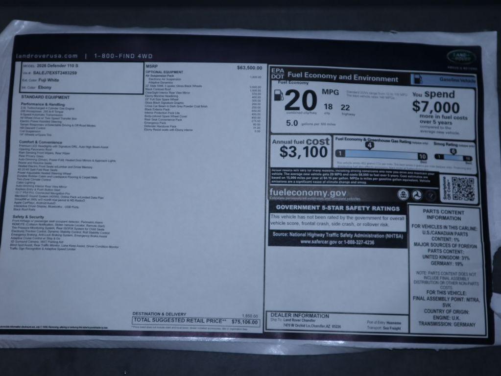 new 2026 Land Rover Defender car, priced at $75,106