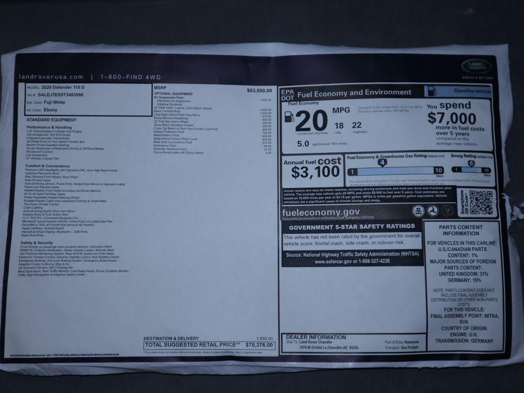 new 2026 Land Rover Defender car, priced at $75,376