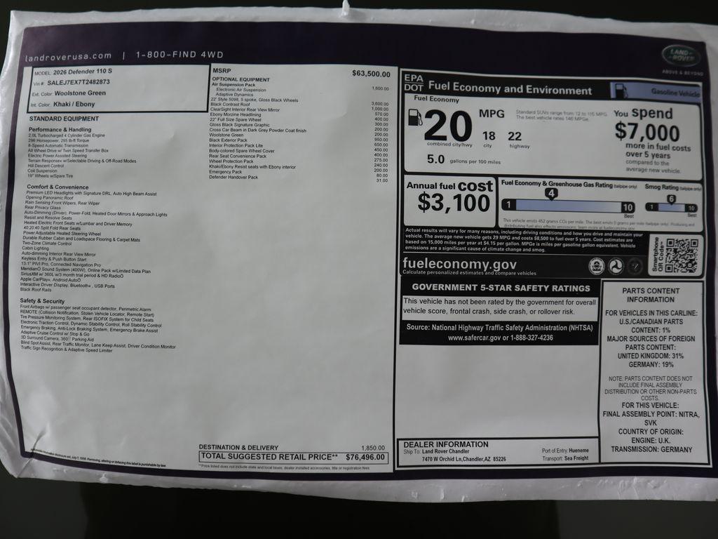 new 2026 Land Rover Defender car, priced at $76,496
