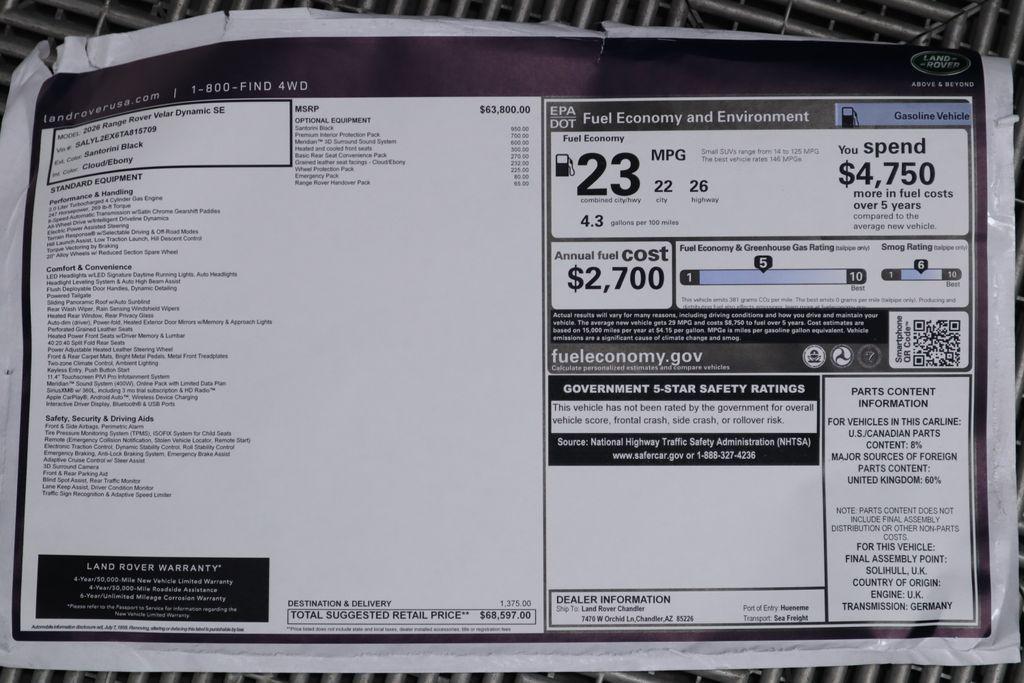 new 2026 Land Rover Range Rover Velar car, priced at $68,597