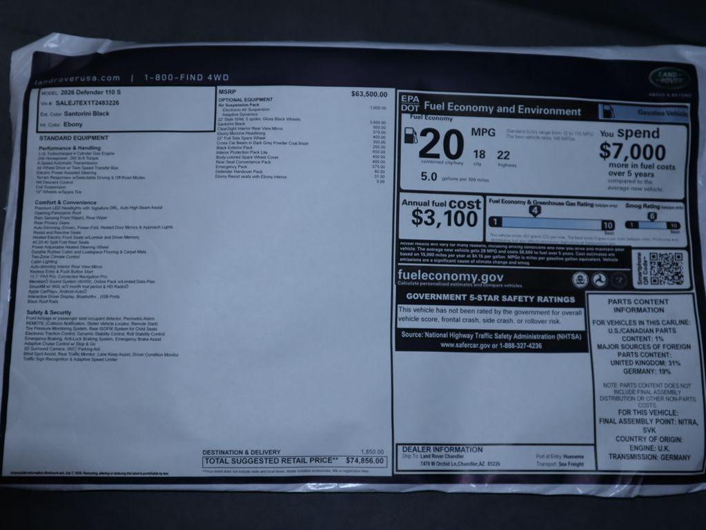 new 2026 Land Rover Defender car, priced at $74,856