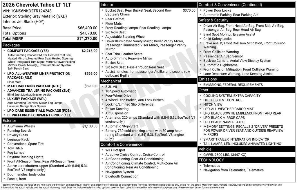 new 2026 Chevrolet Tahoe car, priced at $73,060