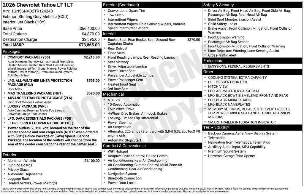 new 2026 Chevrolet Tahoe car, priced at $73,060