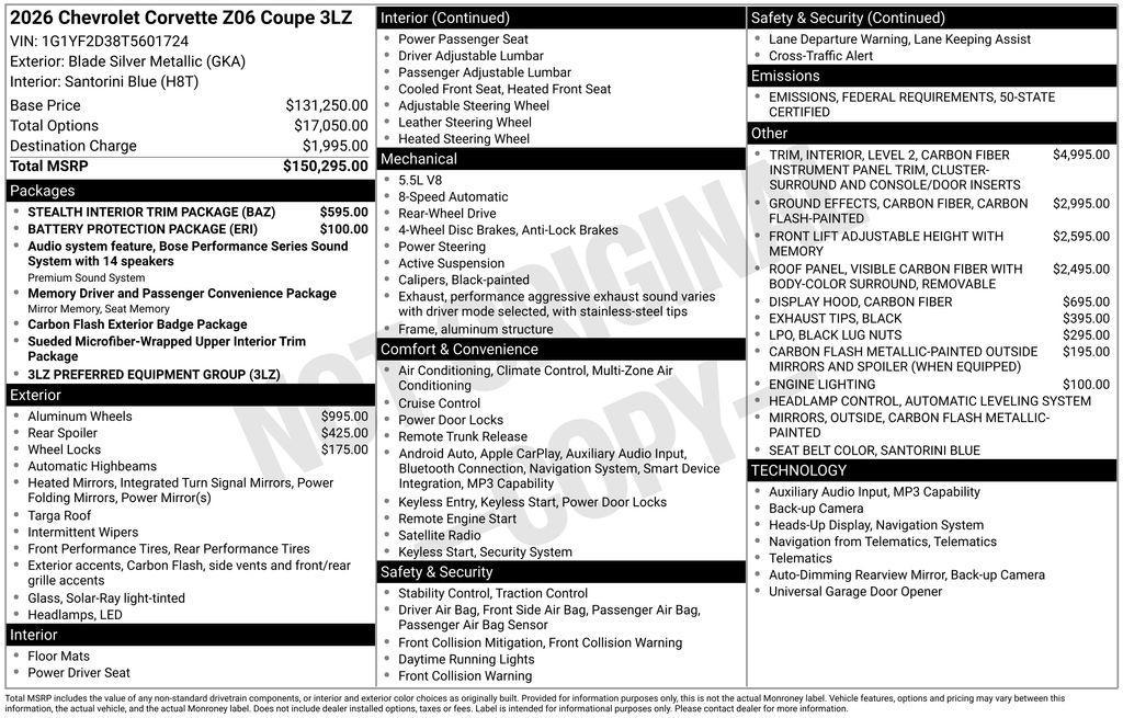 new 2026 Chevrolet Corvette car, priced at $152,895