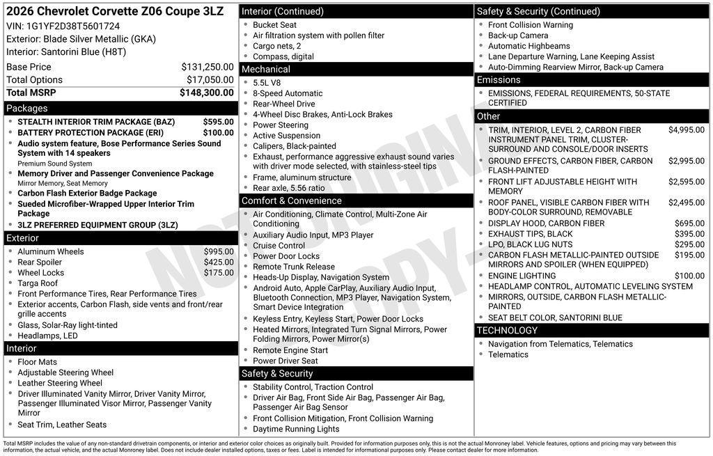 new 2026 Chevrolet Corvette car, priced at $152,895