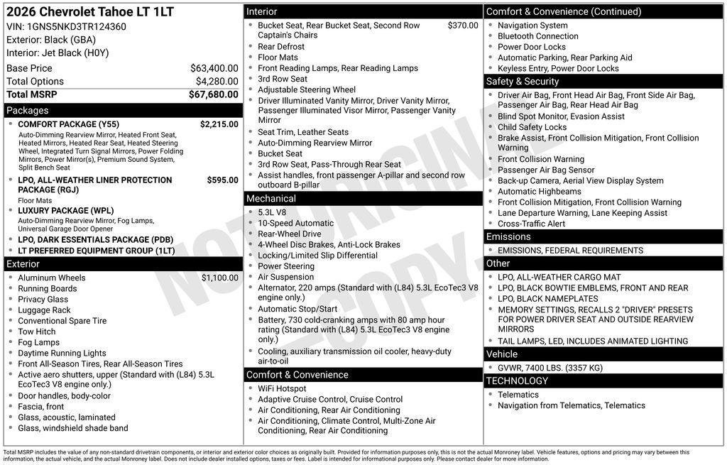 new 2026 Chevrolet Tahoe car, priced at $69,250