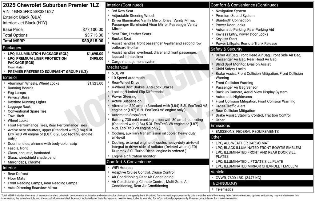 new 2025 Chevrolet Suburban car, priced at $80,510