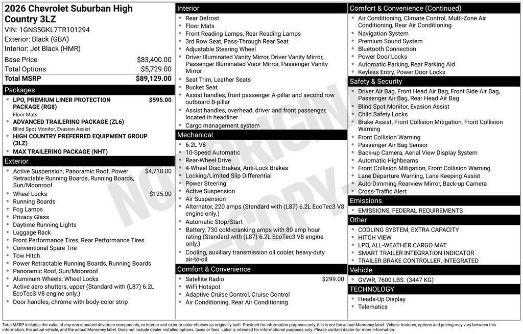 new 2026 Chevrolet Suburban car, priced at $89,099