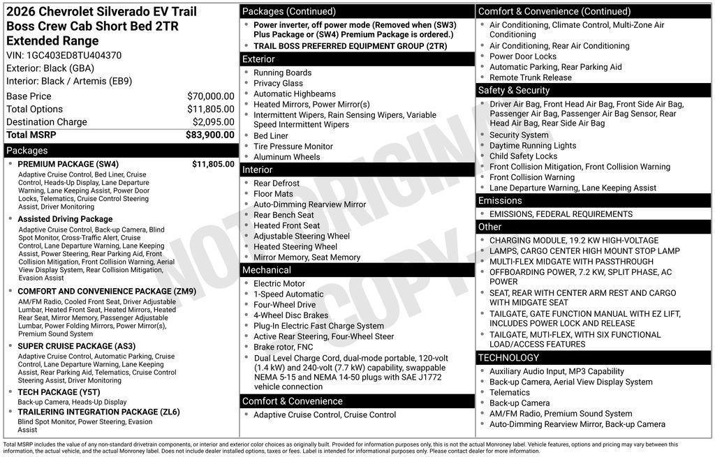 new 2026 Chevrolet Silverado EV car, priced at $76,695