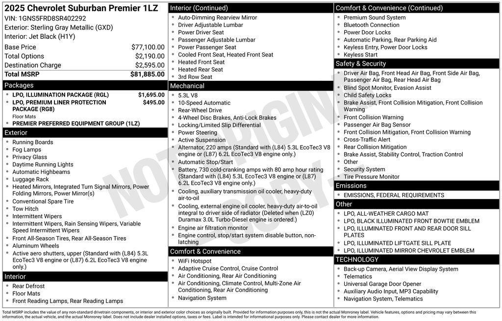 new 2025 Chevrolet Suburban car, priced at $76,885