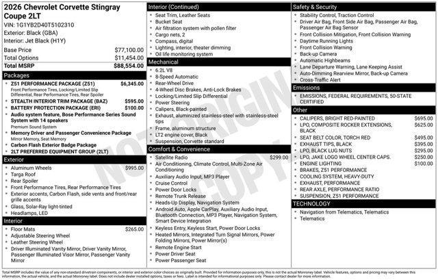 new 2026 Chevrolet Corvette car, priced at $87,549