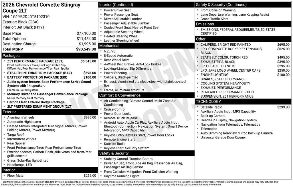 new 2026 Chevrolet Corvette car, priced at $87,549