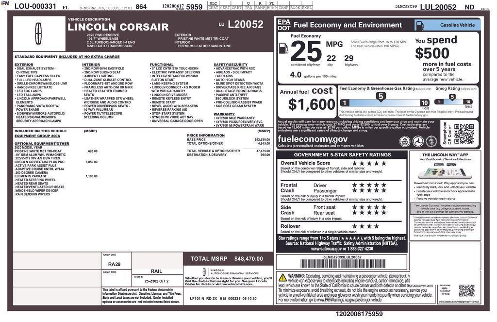 used 2020 Lincoln Corsair car, priced at $21,500