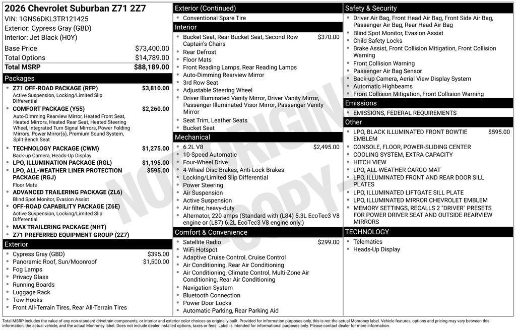 new 2026 Chevrolet Suburban car, priced at $90,279