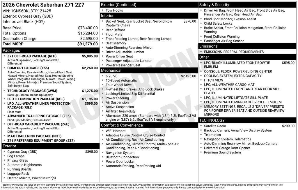 new 2026 Chevrolet Suburban car, priced at $89,279