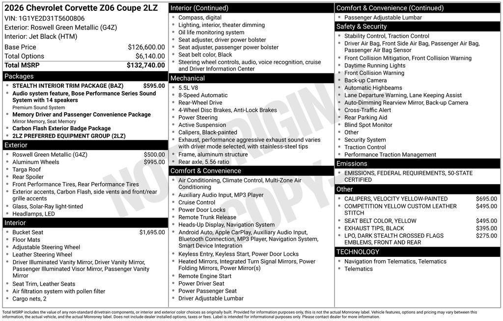 new 2026 Chevrolet Corvette car, priced at $137,335
