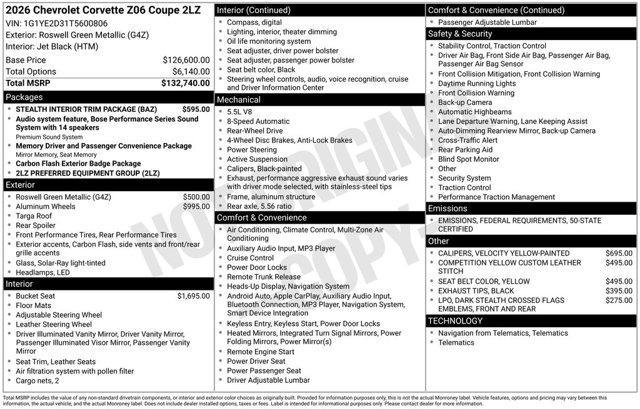 new 2026 Chevrolet Corvette car, priced at $137,335