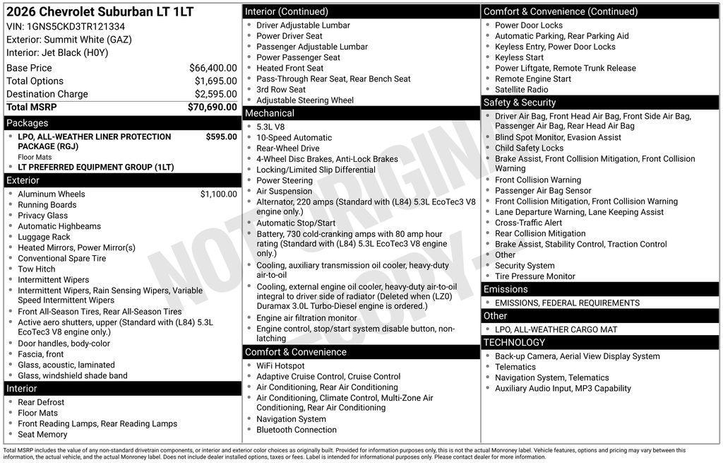 new 2026 Chevrolet Suburban car, priced at $68,690