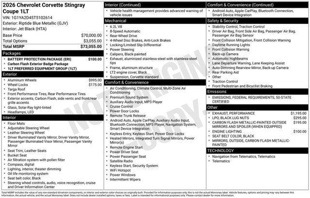 new 2026 Chevrolet Corvette car, priced at $72,050