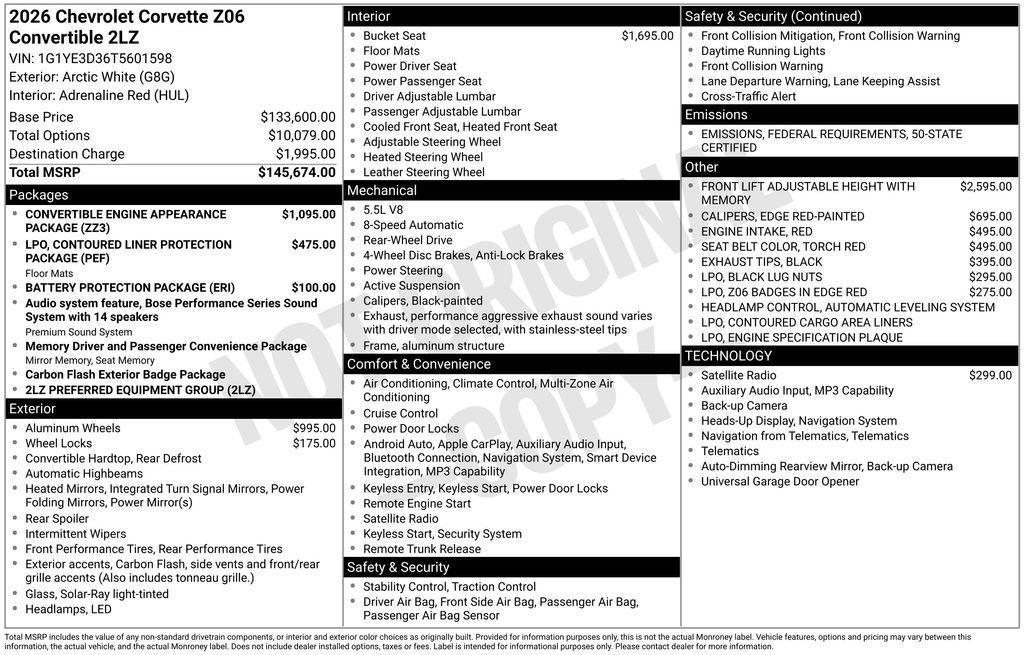 new 2026 Chevrolet Corvette car, priced at $148,274