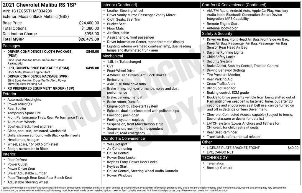 used 2021 Chevrolet Malibu car, priced at $17,998