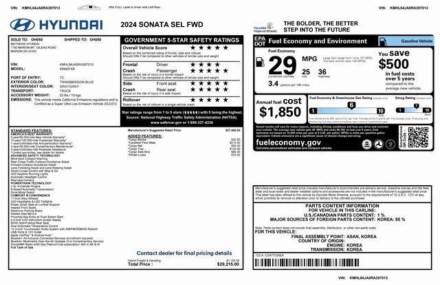 used 2024 Hyundai Sonata car, priced at $26,500