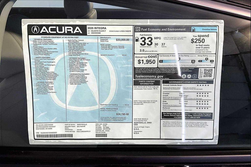 new 2025 Acura Integra car, priced at $34,795
