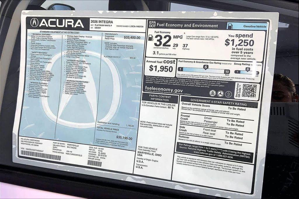 new 2026 Acura Integra car, priced at $35,195