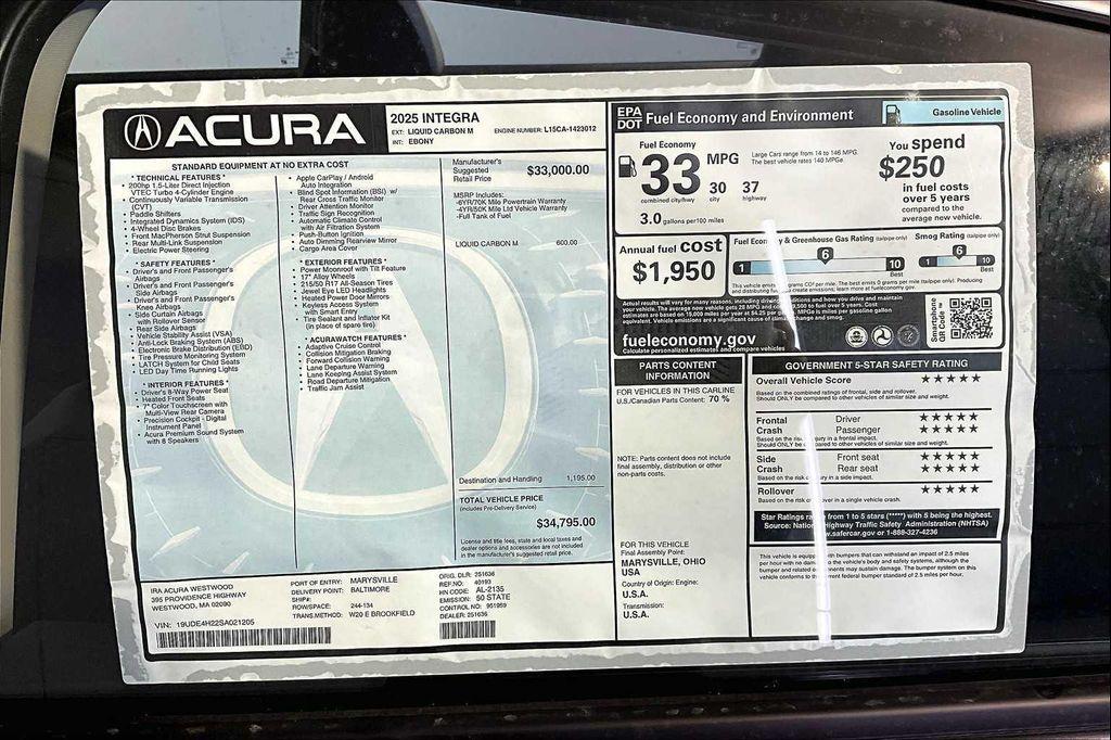 new 2025 Acura Integra car, priced at $34,795