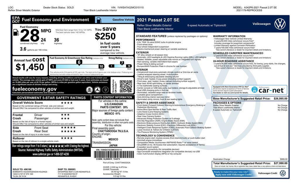used 2021 Volkswagen Passat car, priced at $12,500