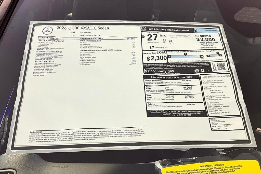 new 2026 Mercedes-Benz C-Class car, priced at $53,870