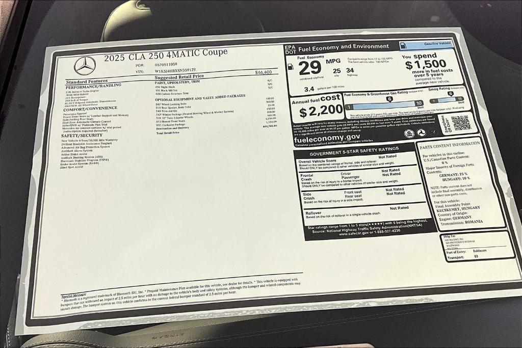 new 2025 Mercedes-Benz CLA 250 car, priced at $50,745