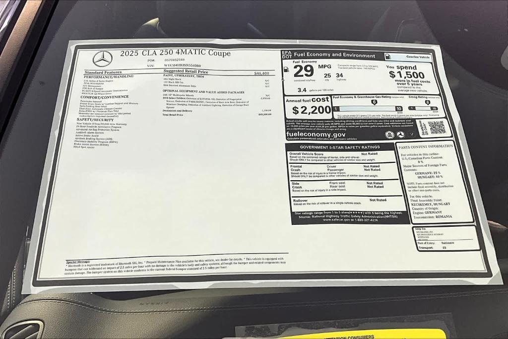 new 2025 Mercedes-Benz CLA 250 car, priced at $45,500
