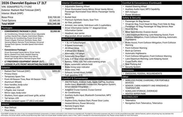 new 2026 Chevrolet Equinox car, priced at $34,540