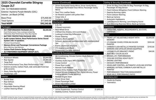 new 2025 Chevrolet Corvette car, priced at $89,287