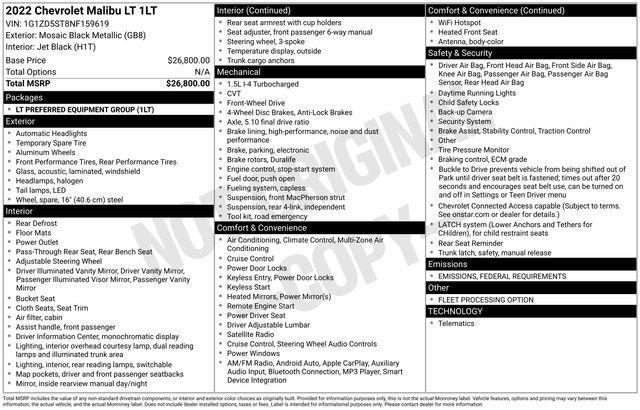 used 2022 Chevrolet Malibu car, priced at $18,156