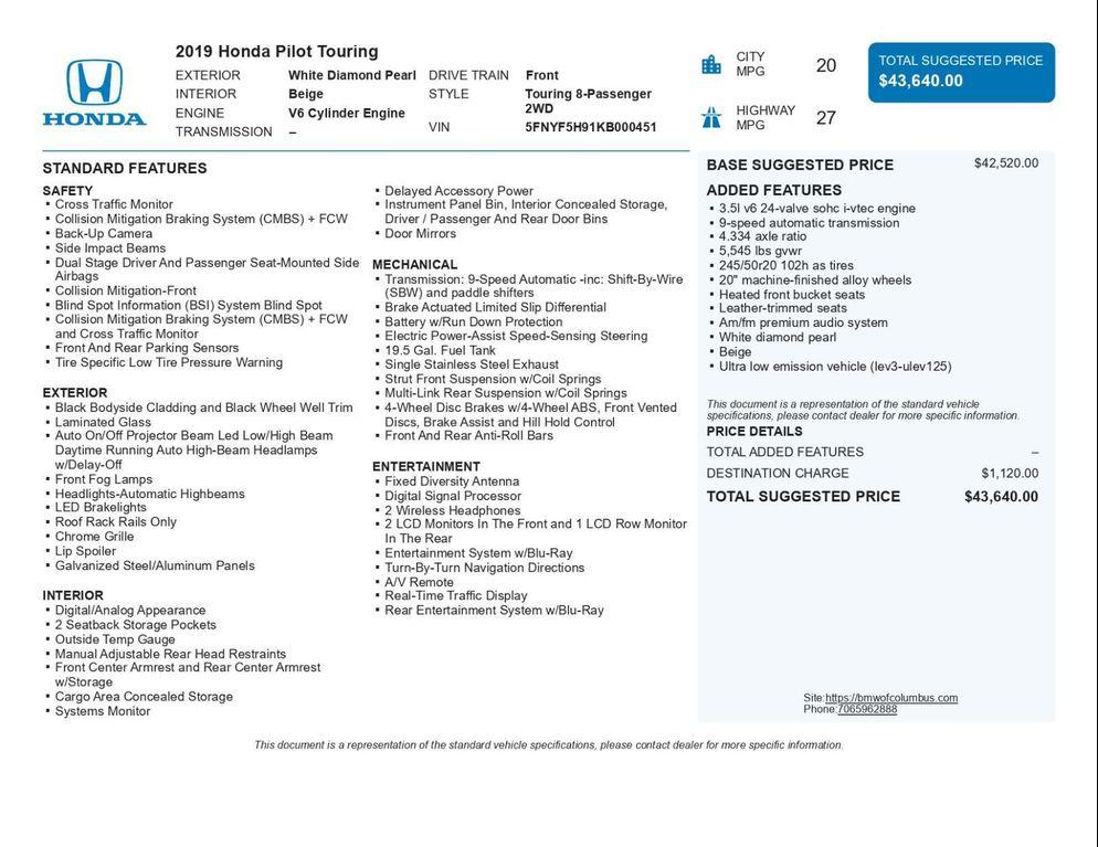 used 2019 Honda Pilot car, priced at $15,944