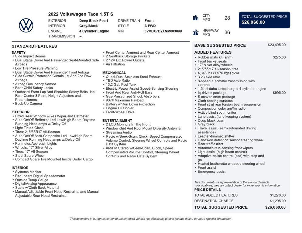 used 2022 Volkswagen Taos car, priced at $16,995