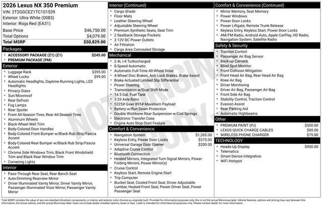 new 2026 Lexus NX 350 car, priced at $51,000