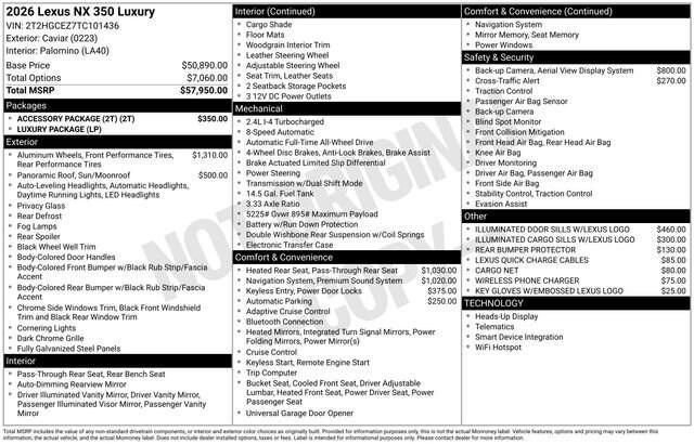 new 2026 Lexus NX 350 car, priced at $58,230