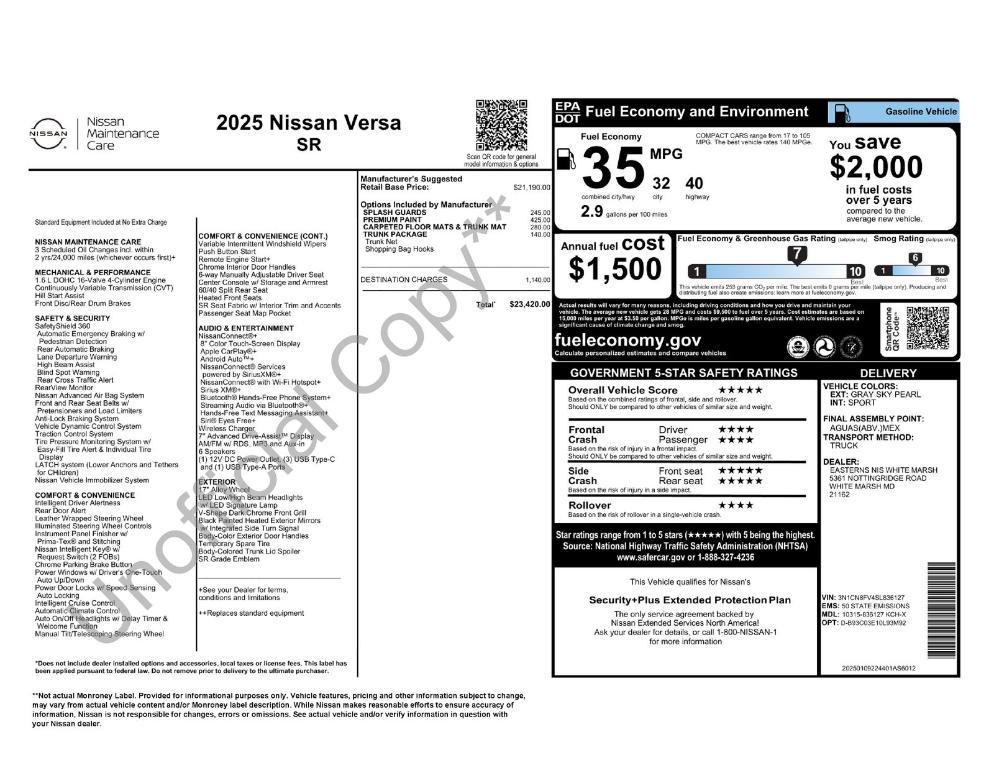new 2025 Nissan Versa car, priced at $21,530