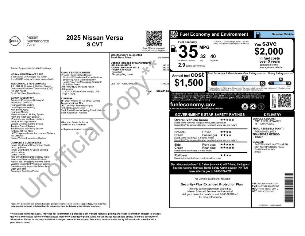 new 2025 Nissan Versa car, priced at $18,930