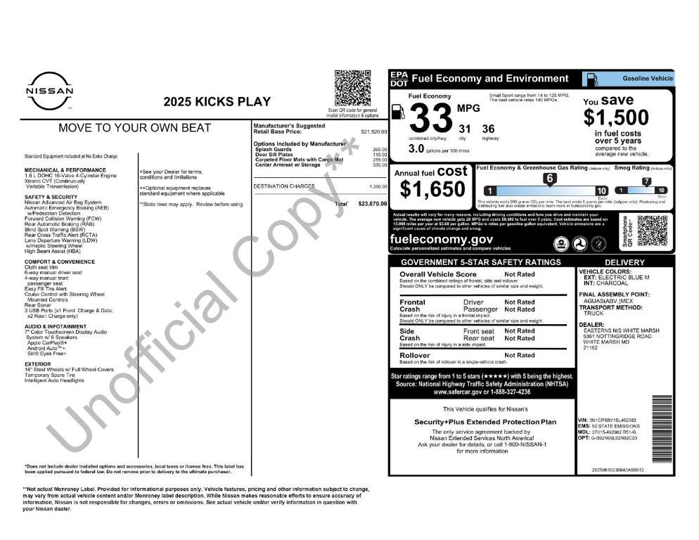 new 2025 Nissan Kicks Play car, priced at $21,304