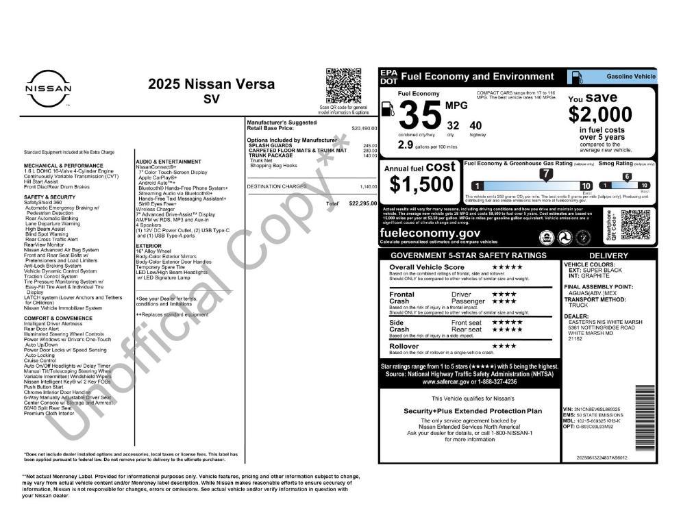 new 2025 Nissan Versa car, priced at $20,398