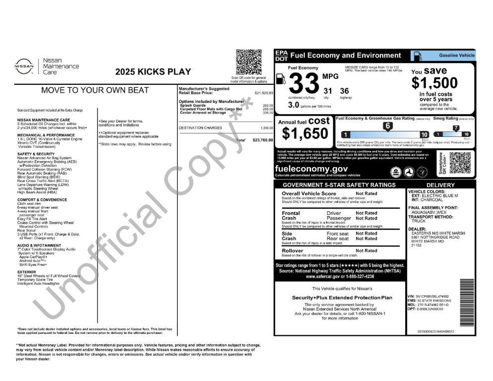 new 2025 Nissan Kicks Play car, priced at $21,657