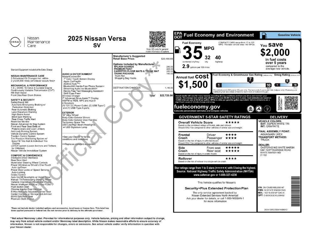new 2025 Nissan Versa car, priced at $20,850