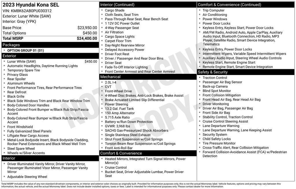 used 2023 Hyundai Kona car, priced at $19,288
