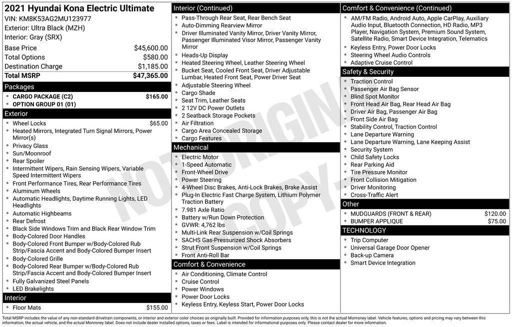used 2021 Hyundai Kona EV car, priced at $16,950
