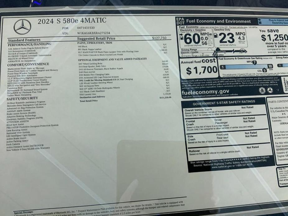 new 2024 Mercedes-Benz S-Class car, priced at $122,232